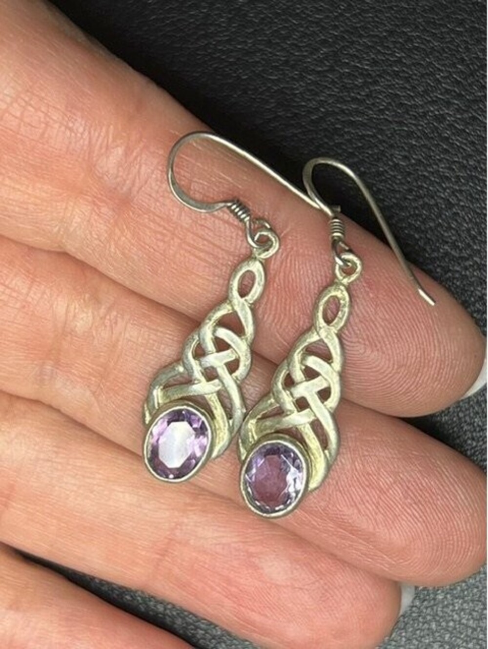 B7380 Vintage Celtic Knot Dangle Earrings Sterling Silver Purple CZ 1.5" drop